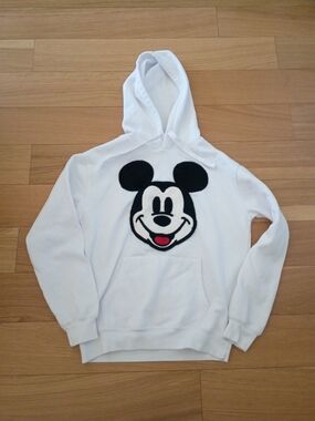 Disney White Hoodie with Black and Red Mickey Face Embroidered Medium